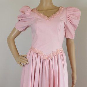 Laura Ashley Pink Bead Embellished Party Dress. Deep V-Neck, Low Back. Waist Bow